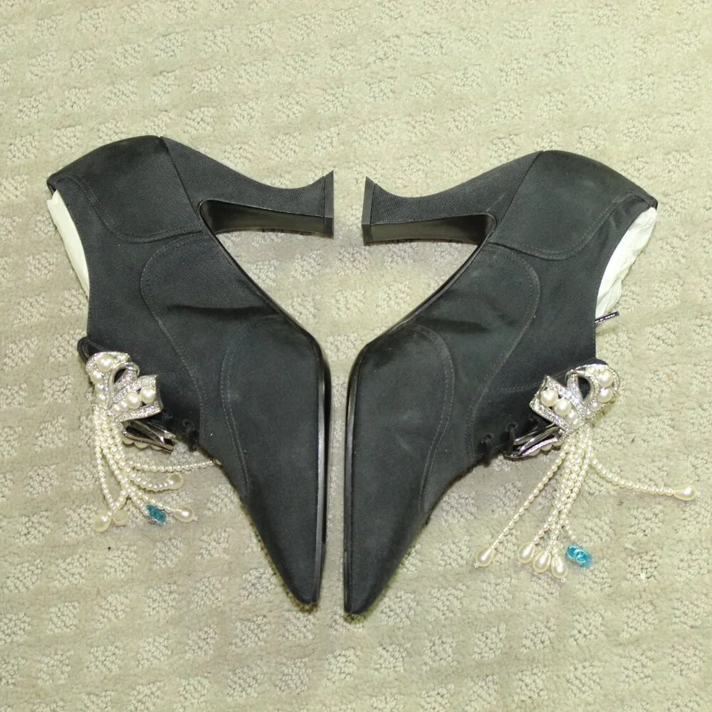 CHANEL NEW Pre-Fall 18A BLACK CC PEARL JEWELED BOW BOOTIES SHOES EU 37.5C / 6.5